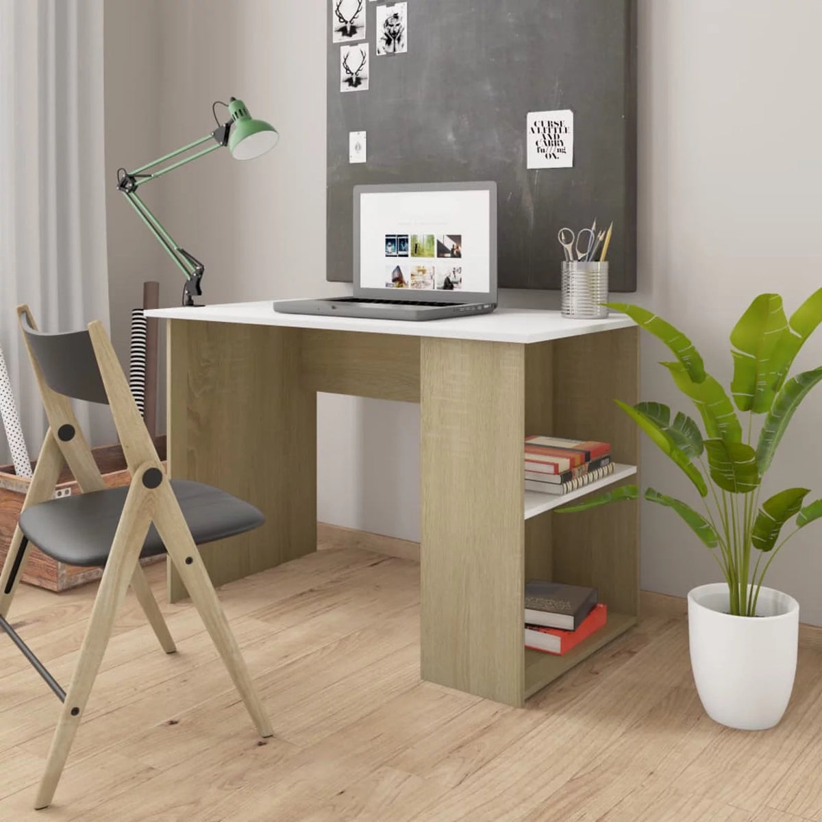 White Computer Desk with Side Storage Shelves I487031