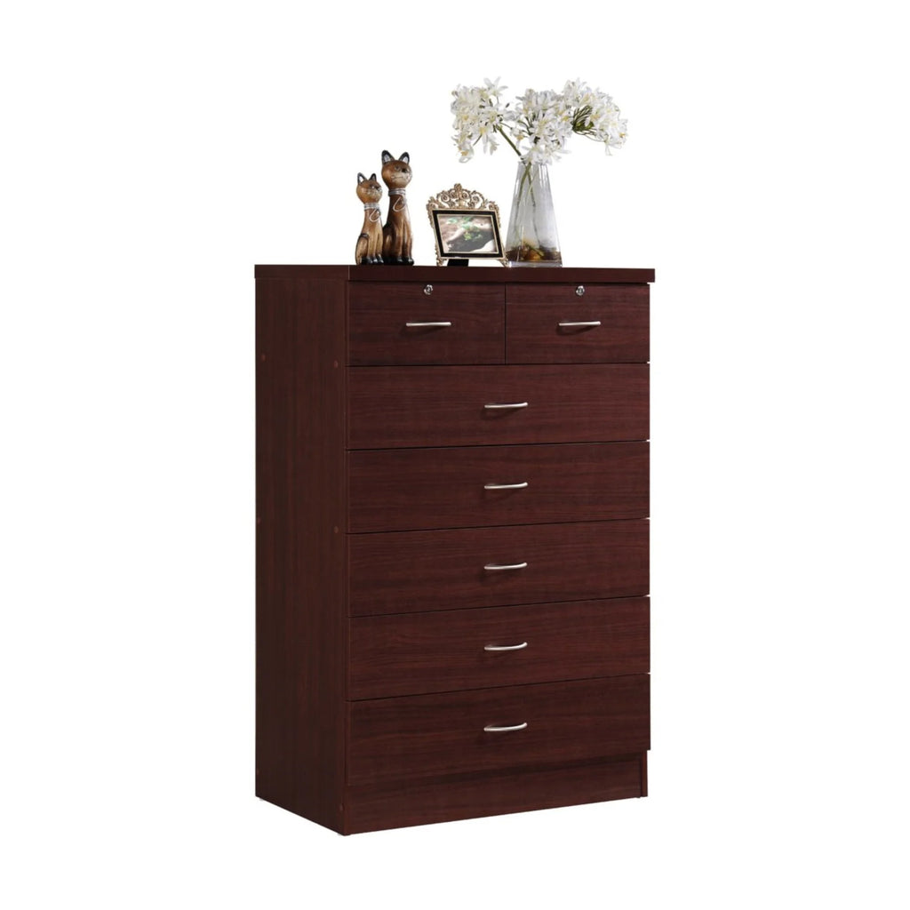 7 Drawer Wooden Dresser Chest with 2 Top Locks, Cherry I4536