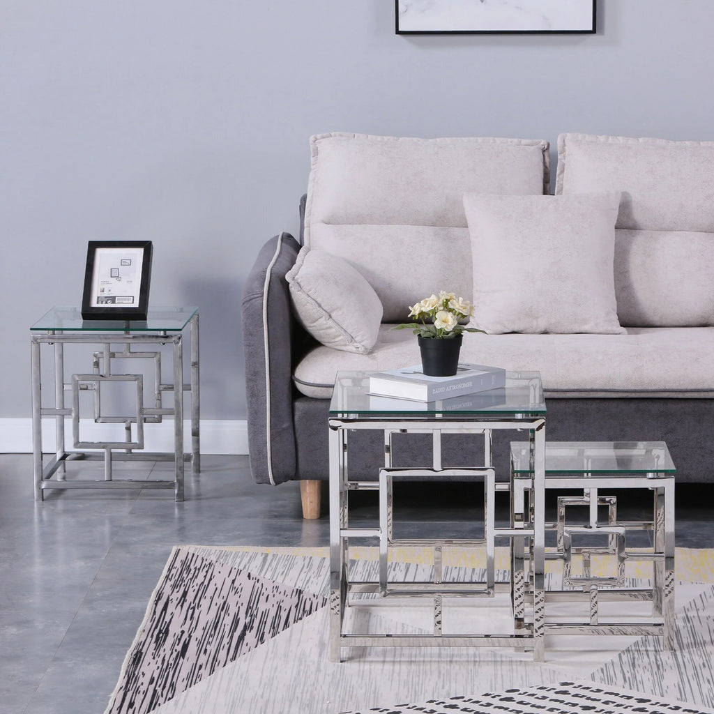 Set of 3 Metal Nesting Tables Glass End Tables R767