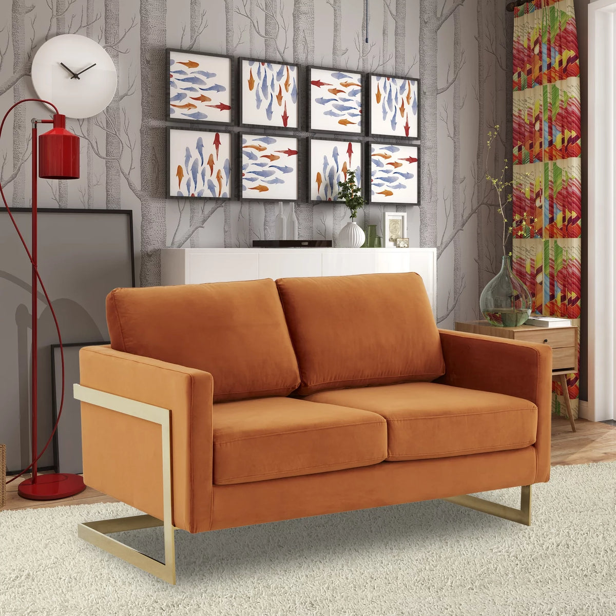 Upholstered Velvet Loveseat with Gold Frame Y835