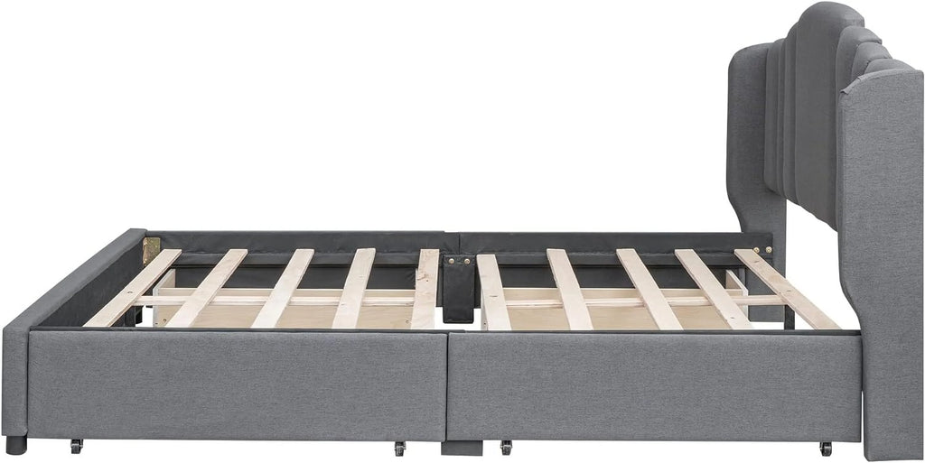 Queen Size Upholstered Platform Bed with Wingback Headboard and 4 Drawers, Wood Bed Frame M25334