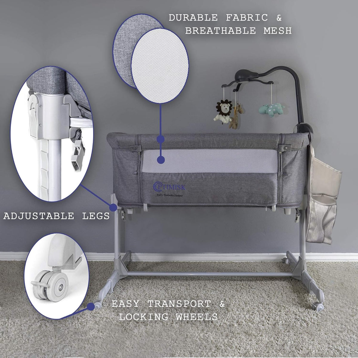 4in1 Bedside Bassinet with Diaper Caddy, 5 Sheets, Mobile and 4 Spinner Wheels E94056