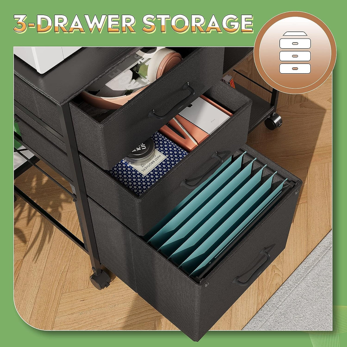3 Drawer Mobile File Cabinet with Storage Shelf, Black V628896