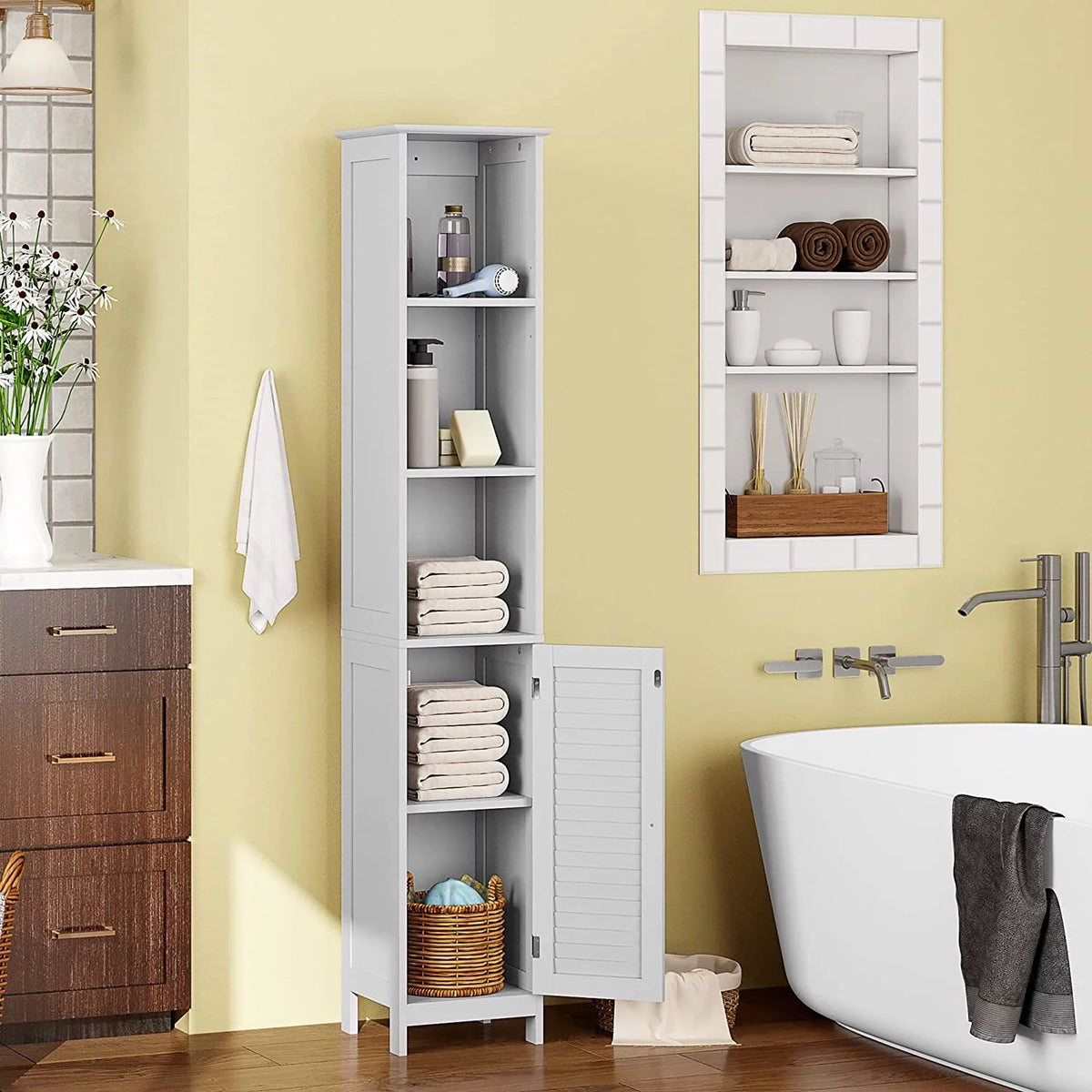 White Tall Narrow Wood Bathroom Storage Cabinet P6530