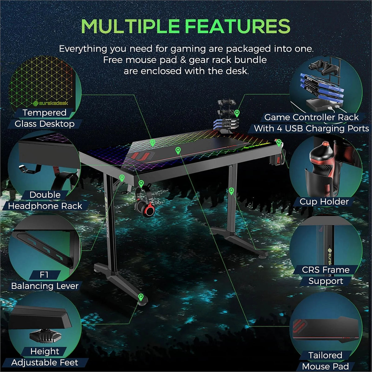 Black Metal Gaming Desk with Tempered Glass Top V610004