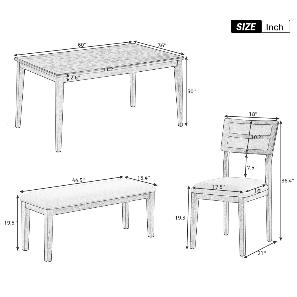 6 Piece Dining Table and Chair Set with 4 Upholstered Chairs and Bench F38561
