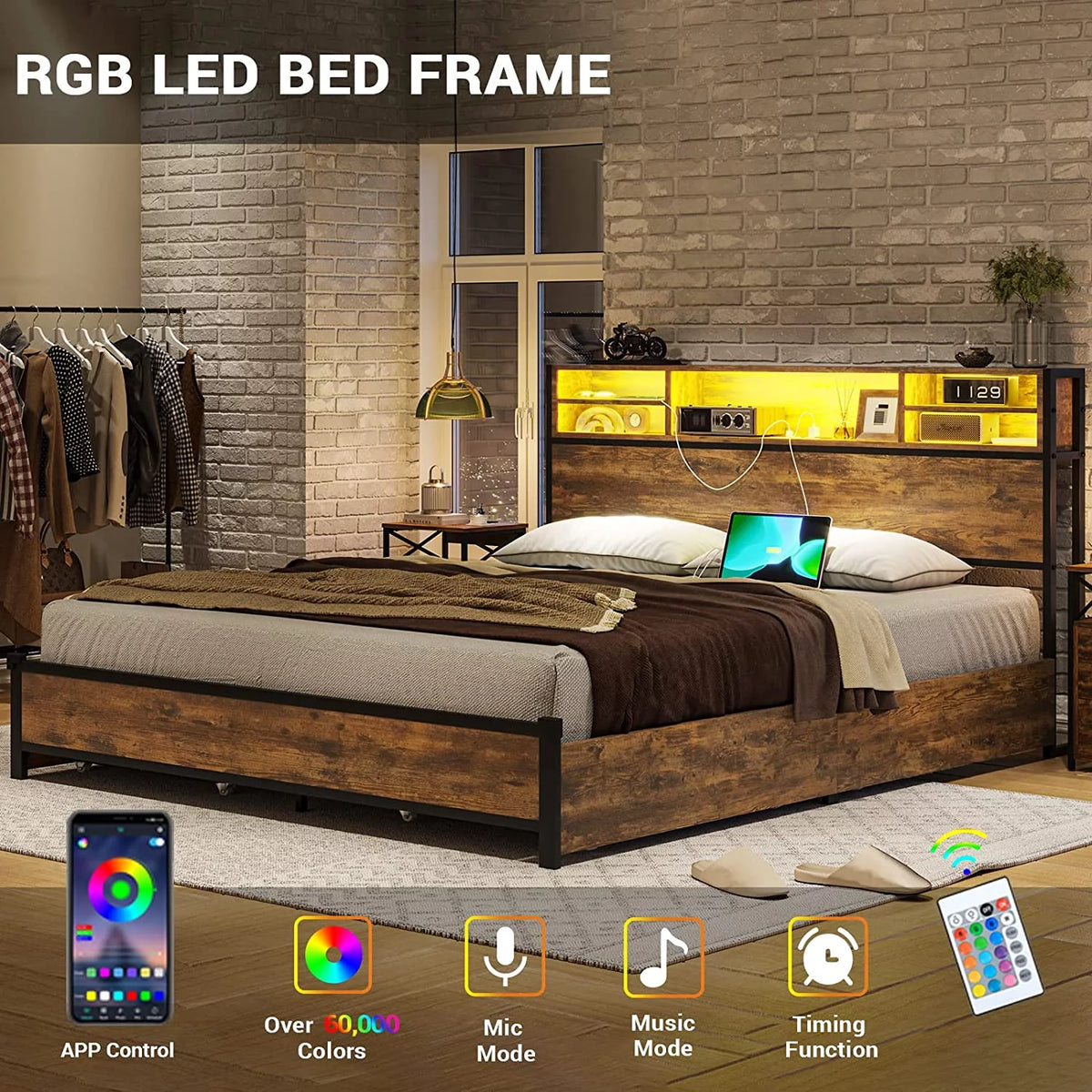 Rustic Brown Full Size Metal Platform Bed Frame with LED Headboard and USB Ports I4423