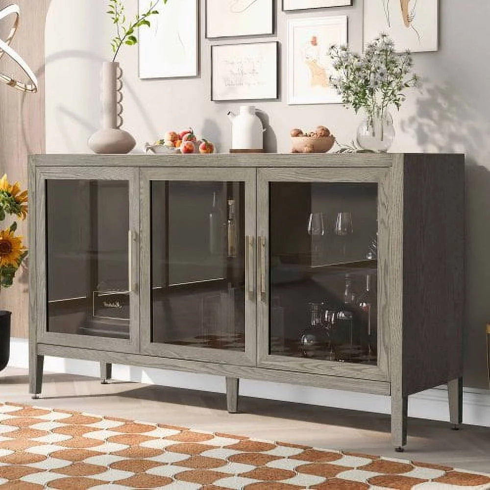 Wood Storage Cabinet with Three Tempered Glass Doors and Adjustable Shelf, Gray Q900
