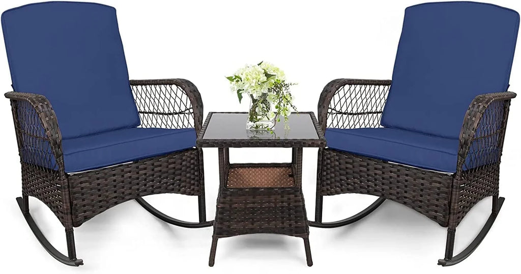 3 Pcs PE Wicker Rocking Bistro Set with Glass Table Q41726