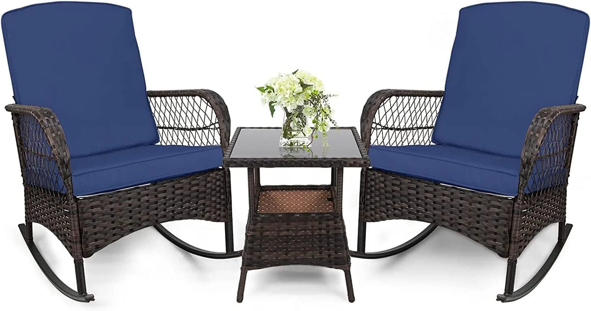 3 Pcs PE Wicker Rocking Bistro Set with Glass Table Q41726