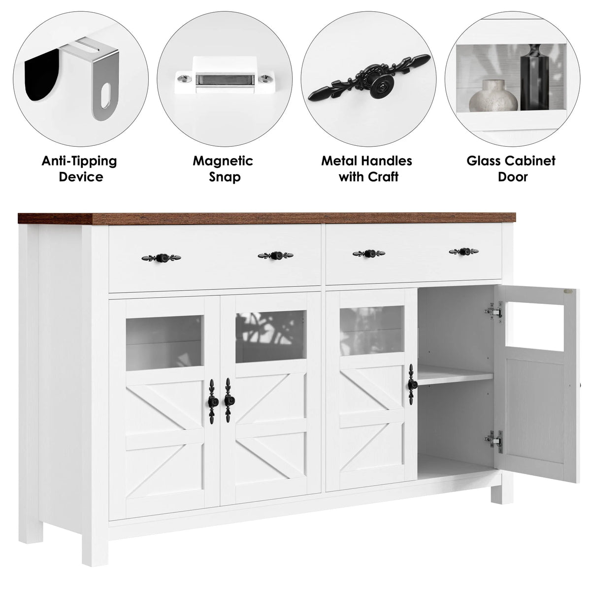 2 Drawer Glass Door Wood Sideboard P308