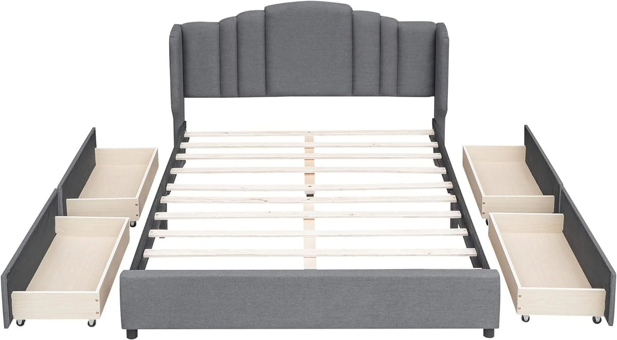 Queen Size Upholstered Platform Bed with Wingback Headboard and 4 Drawers, Wood Bed Frame M25334
