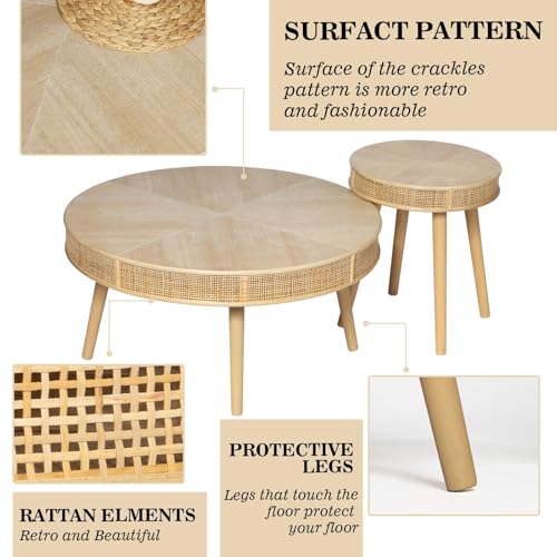 Round Coffee Table Set with Rattan, Natural, 2Pack A388