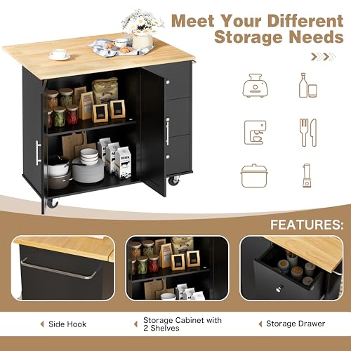White Rolling Kitchen Island Cart with Drop Leaf N5832