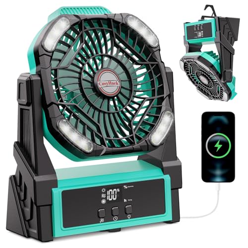 Portable Camping Fan, 20000mAh Rechargeable Battery Operated Fans with Lights, 4 Speed, Adjustable Brightness (Blue Black) K755
