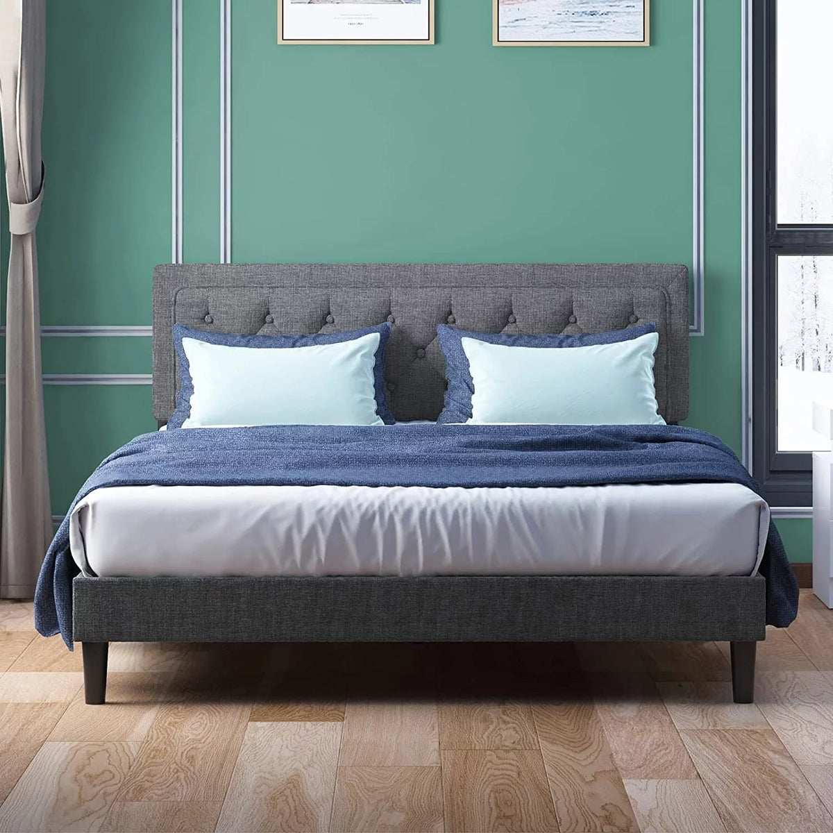 Queen Size Linen Fabric Upholstered Button Tufted Headboard Bed Frame A155