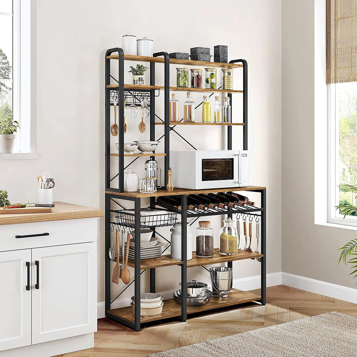 Wooden Kitchen Bakers Rack with Wine Rack and 12 Hooks G340083