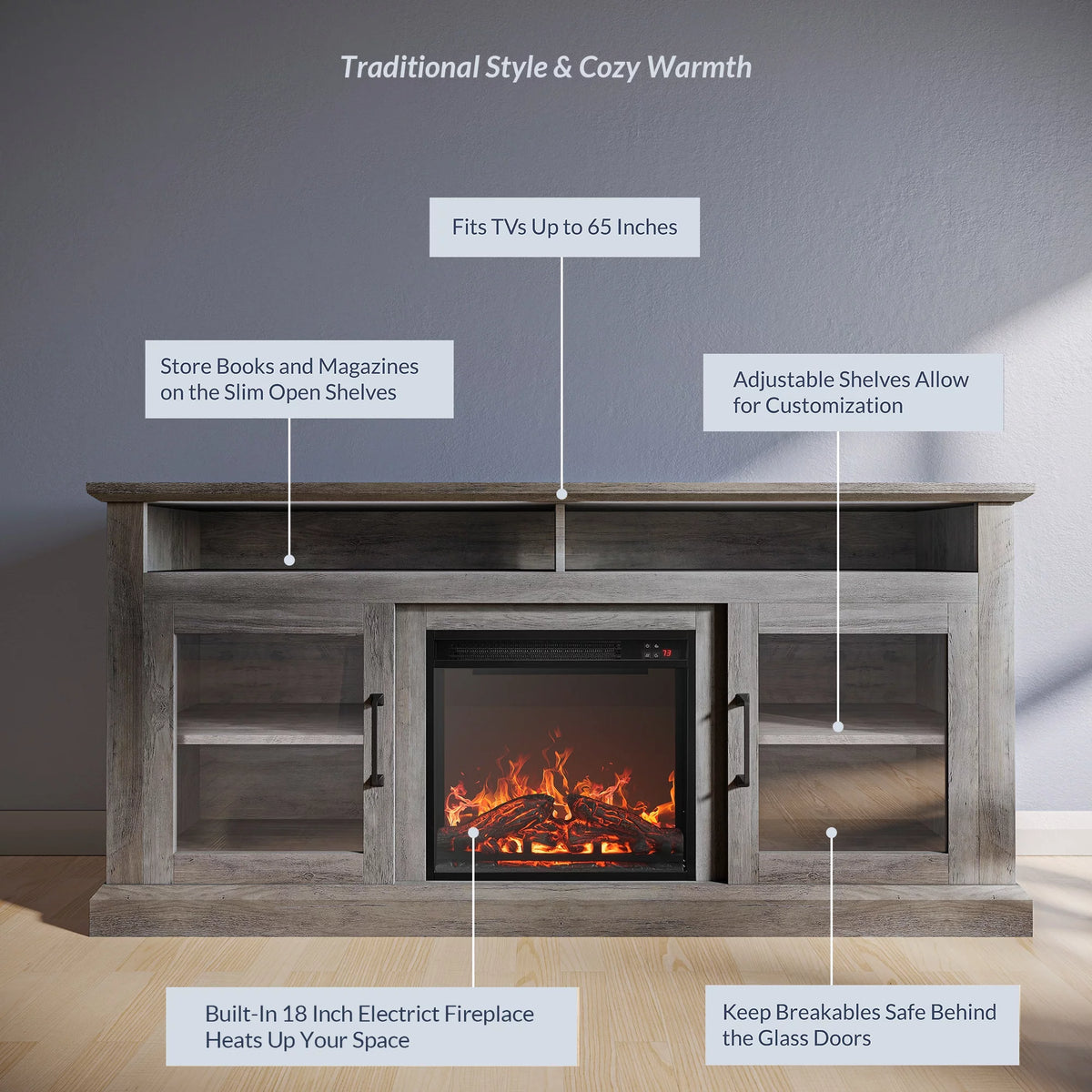 60 Traditional TV Stand with 18 Fireplace (Brown) X9900