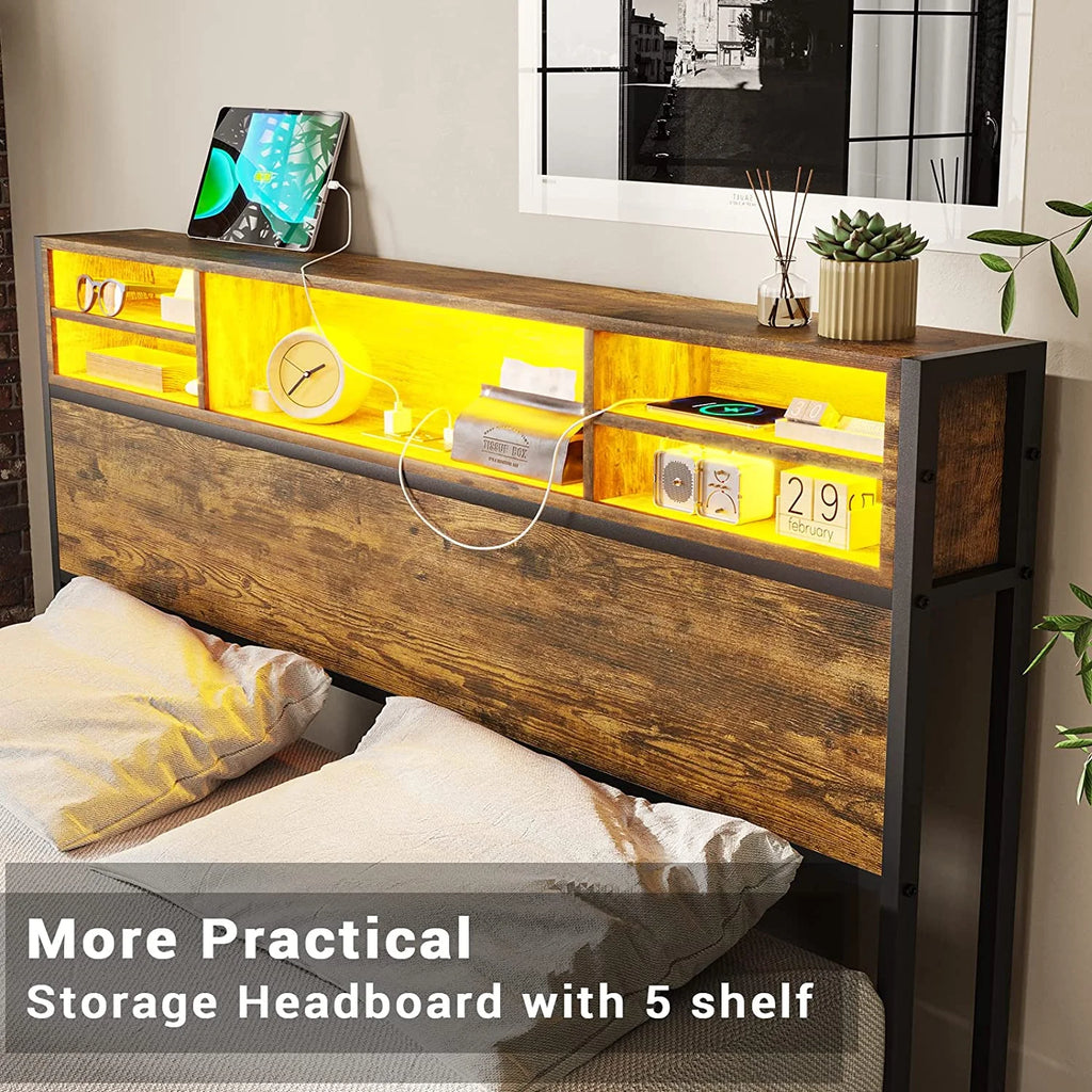 Rustic Brown Full Size Metal Platform Bed Frame with LED Headboard and USB Ports I4423