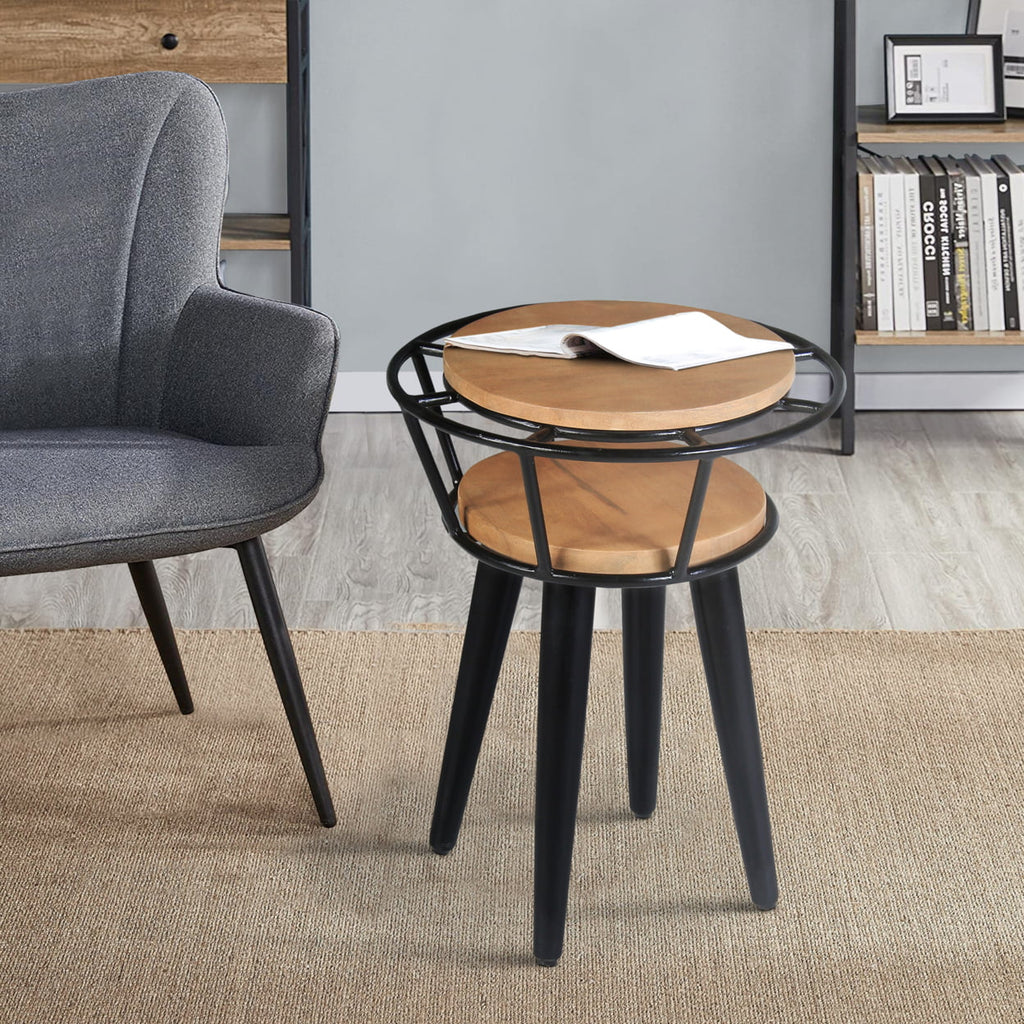 Industrial 2 Tier Round End Table with Metal Frame, White Oak and Black U83759
