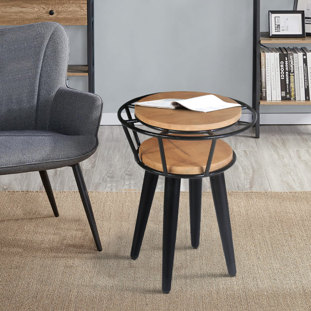 Industrial 2 Tier Round End Table with Metal Frame, White Oak and Black U83759