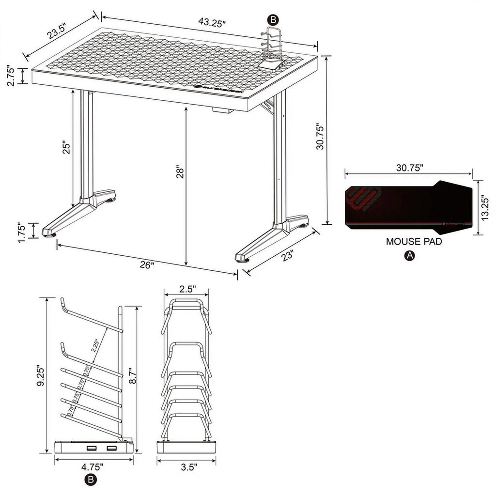 Black Metal Gaming Desk with Tempered Glass Top V610004