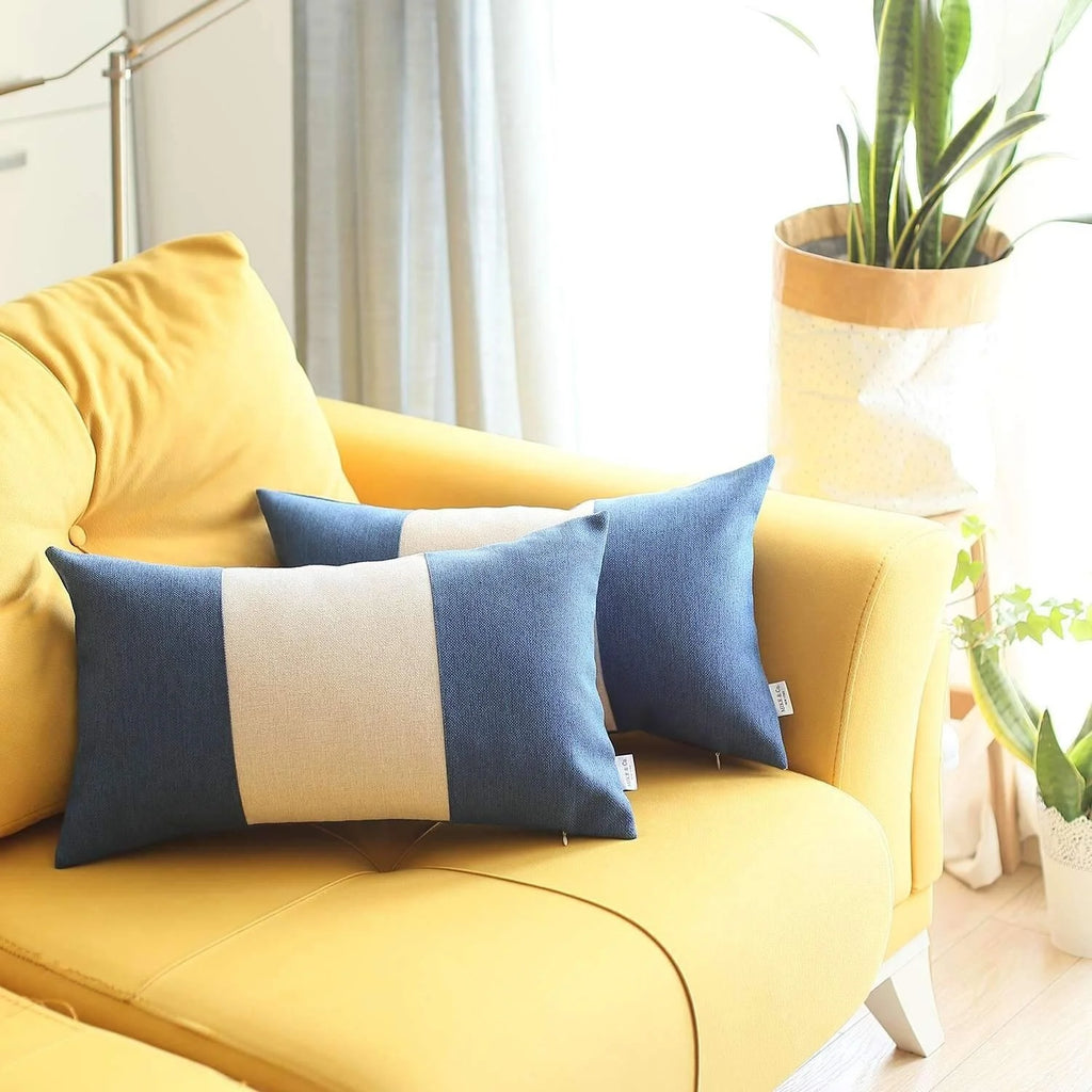 Set Of Two 20" X 12" Grey And Blue Geometric Polyester Lumbar Pillow G268