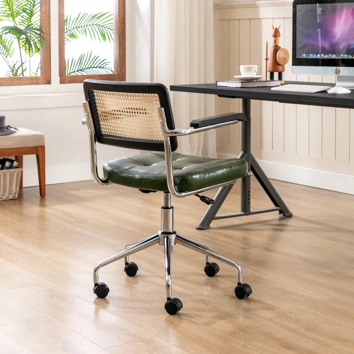 Green Faux Leather Swivel Office Chair with Rattan Back N132461