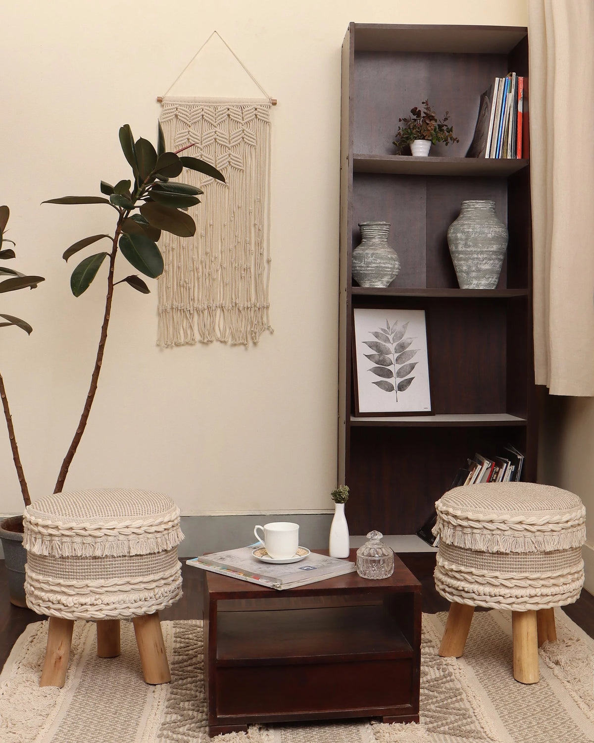 Handmade Wooden 4 Legs Tufted Seat 100% Cotton Foot Stool E1486