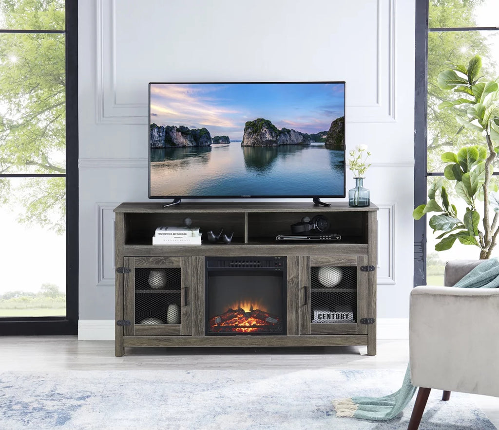 Grey TV Stand with Electric Fireplace and Storage Cabinet W5539