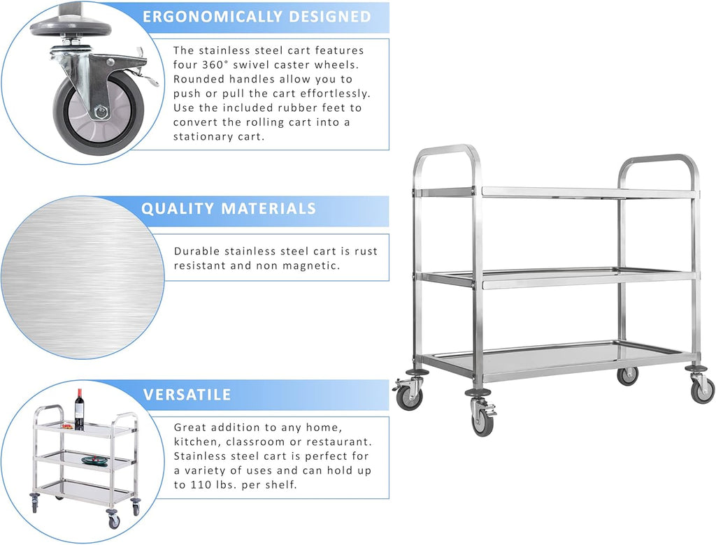 Stainless Steel 3 Tier Rolling Utility Cart with Locking Wheels K5408