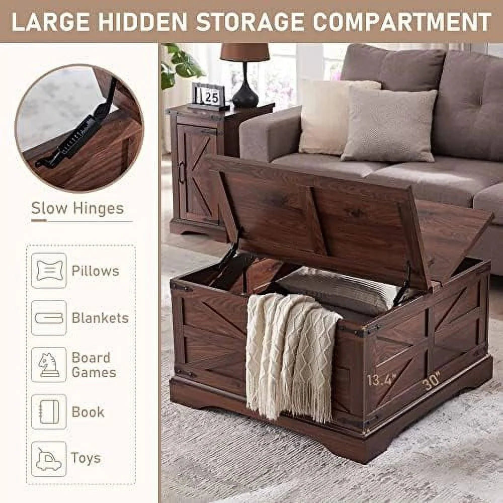 Brown Square Wood Coffee Table with Hidden Compartment L9407