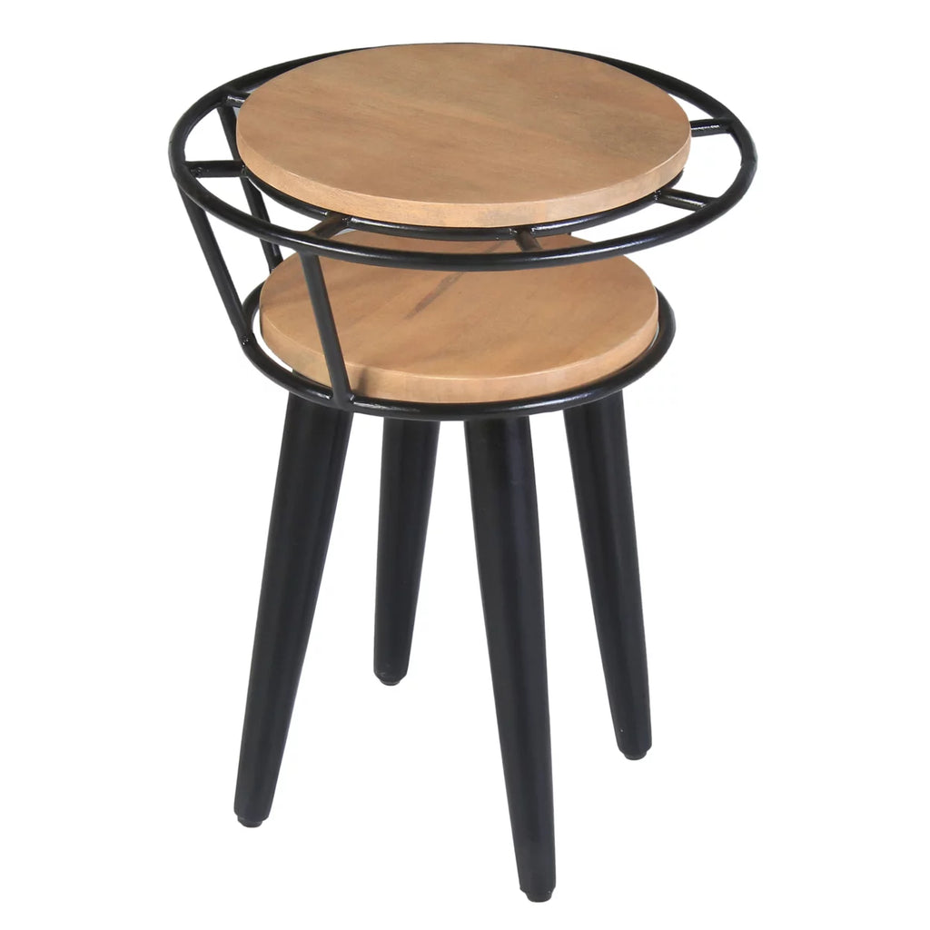 Industrial 2 Tier Round End Table with Metal Frame, White Oak and Black U83759