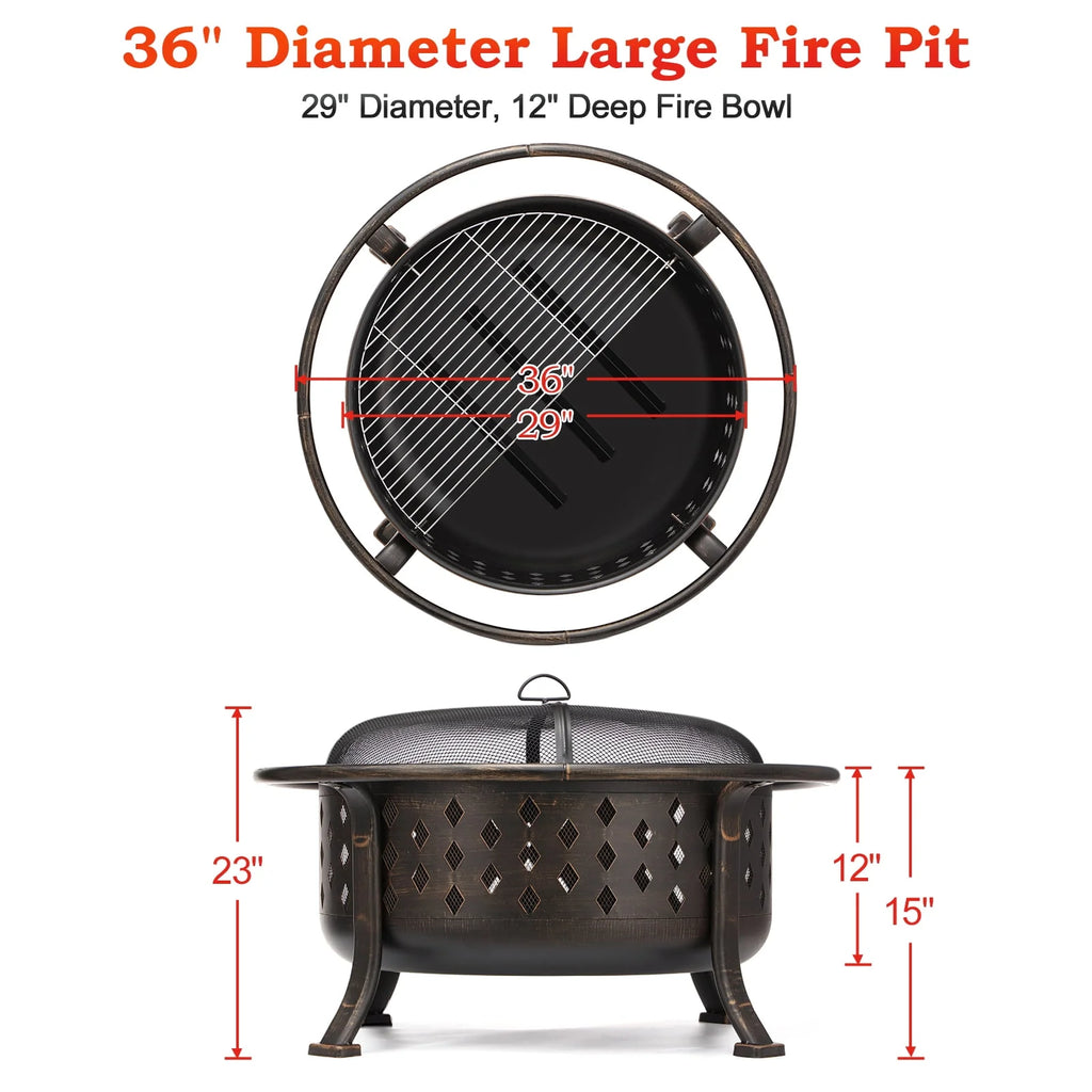 36 inch Wood Burning Fire Pit with Cooking Grill Grate Q9810