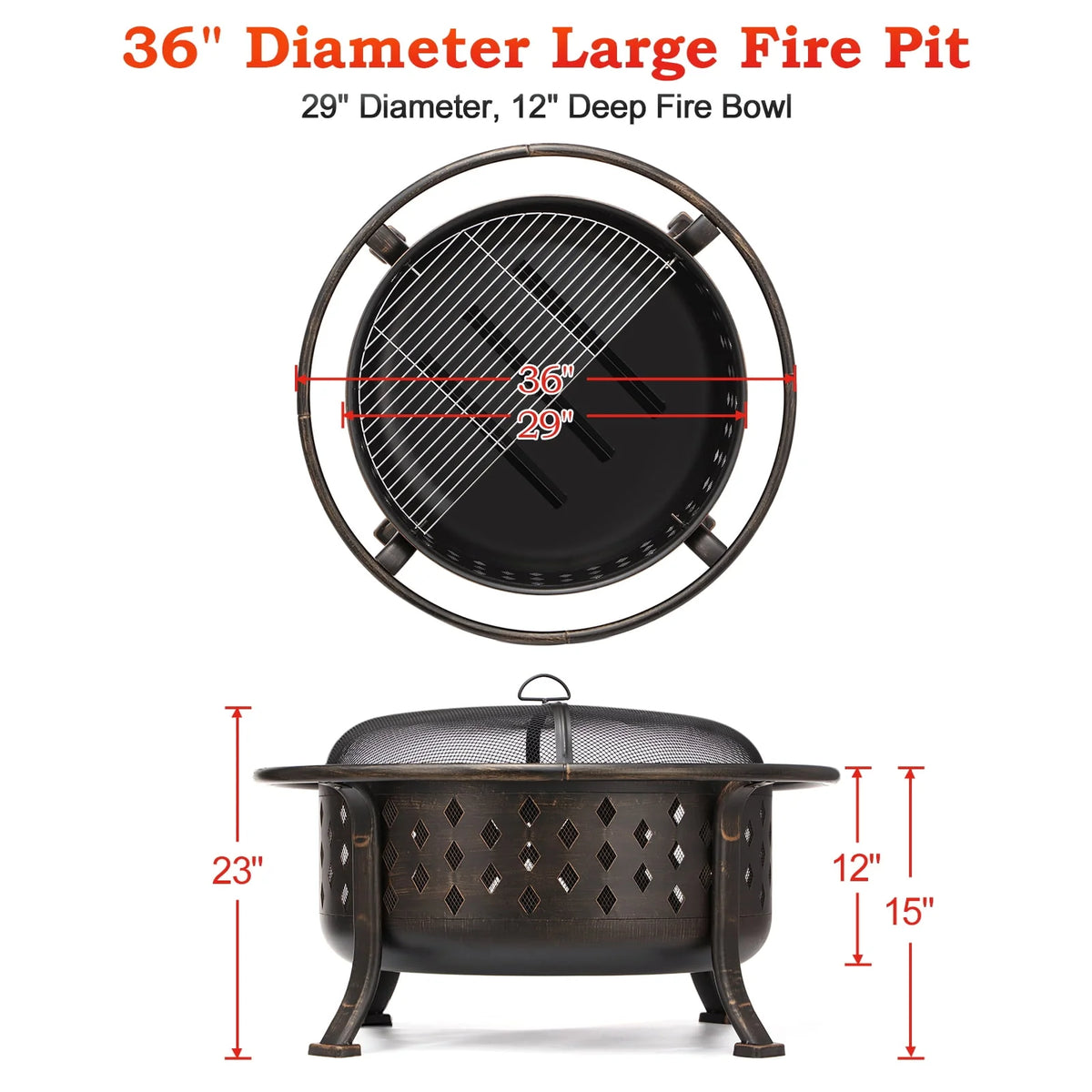 36 inch Wood Burning Fire Pit with Cooking Grill Grate Q9810