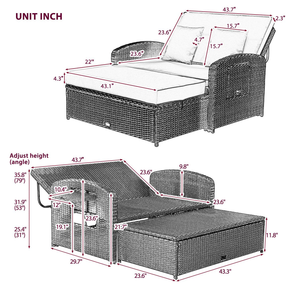Adjustable Rattan Double Chaise Lounge E135281