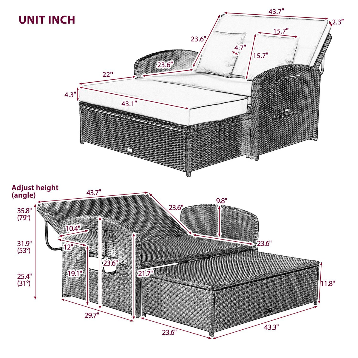Adjustable Rattan Double Chaise Lounge E135281