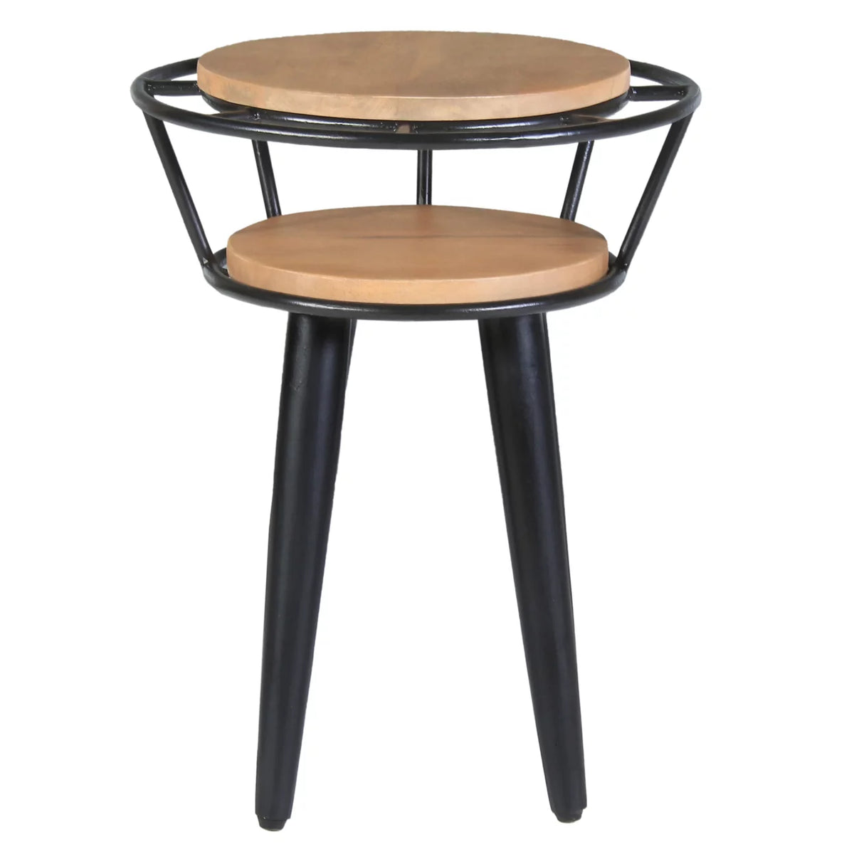 Industrial 2 Tier Round End Table with Metal Frame, White Oak and Black U83759
