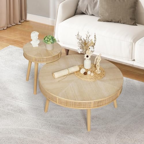 Round Coffee Table Set with Rattan, Natural, 2Pack A388