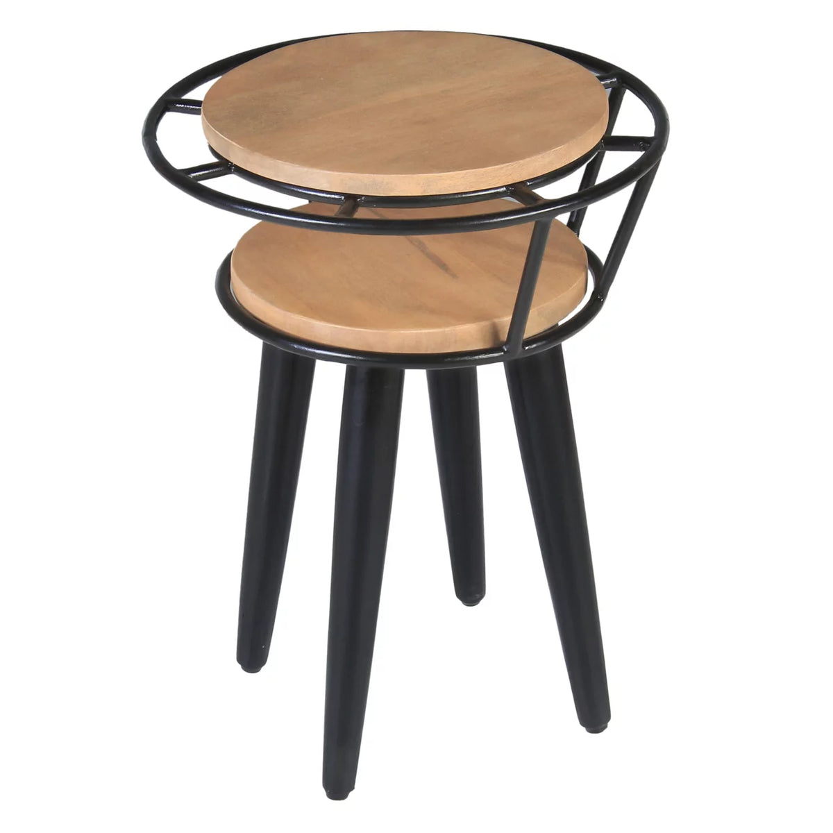 Industrial 2 Tier Round End Table with Metal Frame, White Oak and Black U83759