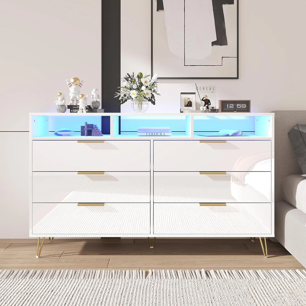 White 6 Drawer Wood Dresser with LED Lights P952274