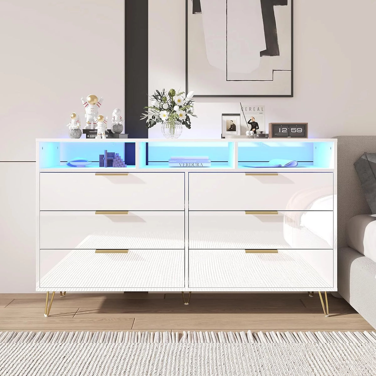 White 6 Drawer Wood Dresser with LED Lights P952274