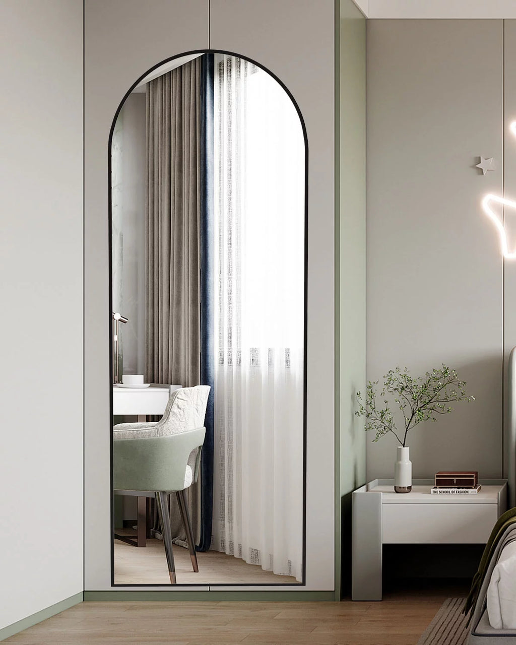 Black Arched Full Length Floor Mirror with Stand Y571932