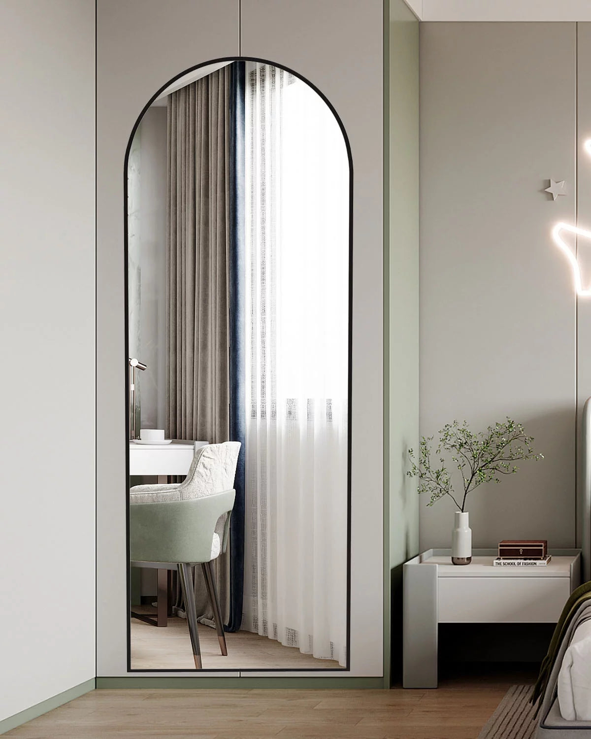 Black Arched Full Length Floor Mirror with Stand Y571932