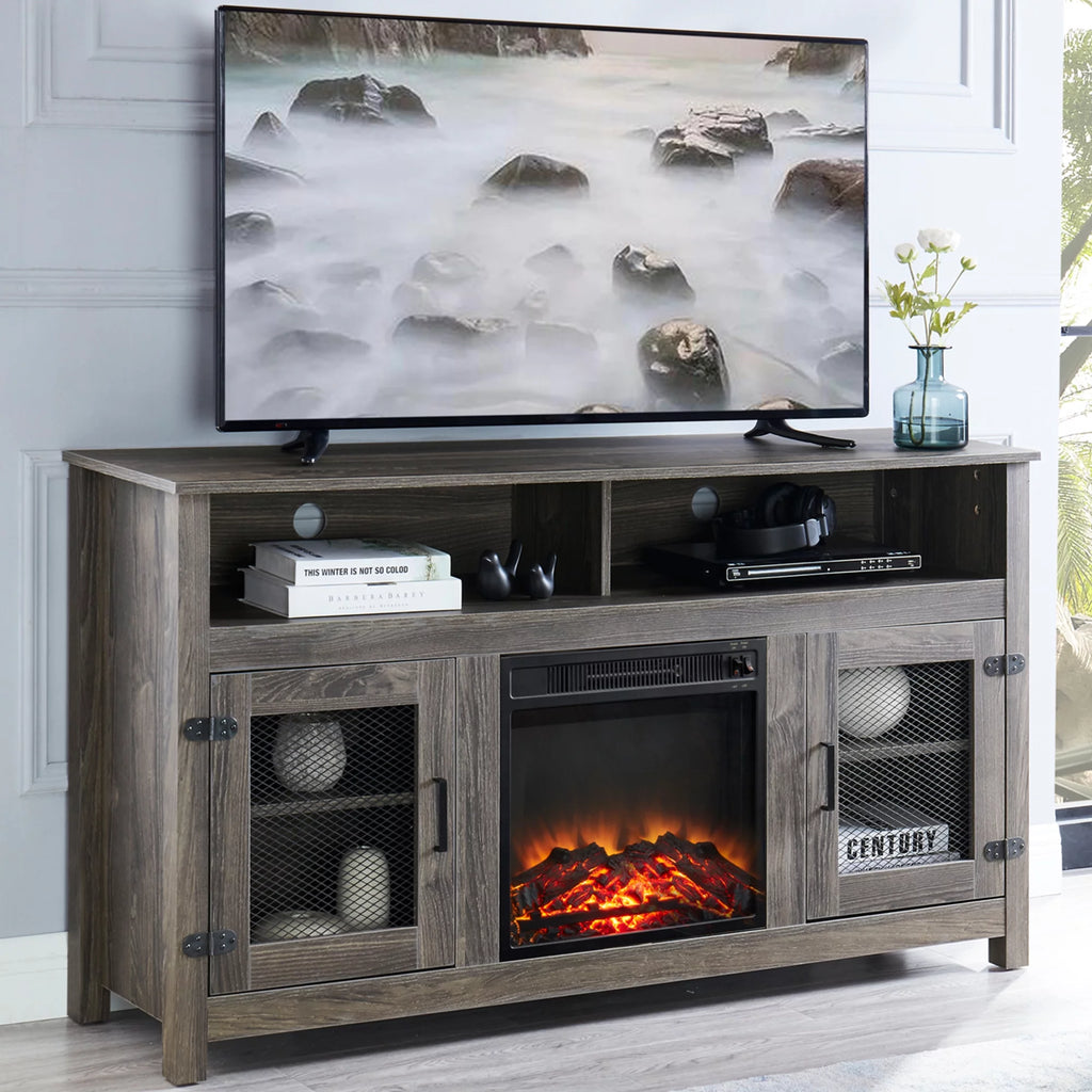 Grey TV Stand with Electric Fireplace and Storage Cabinet W5539