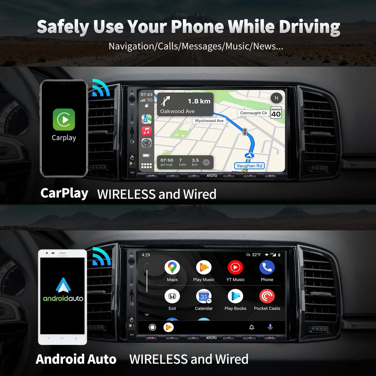 7inch QLED Double Din Car Stereo with Wireless Carplay Android Auto F98032