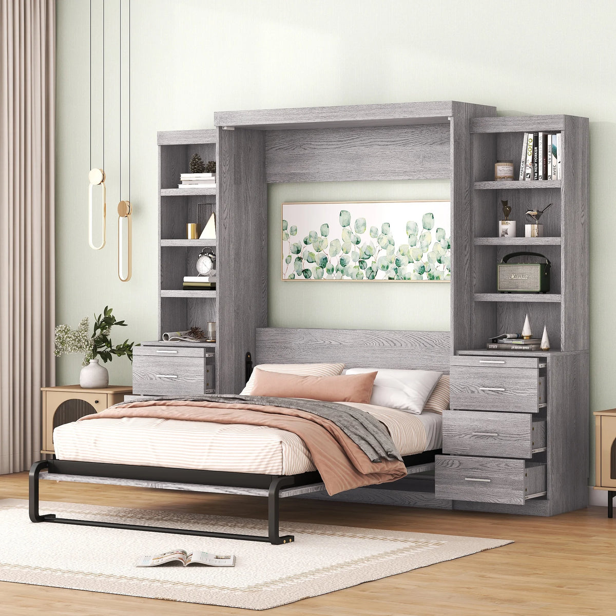 Wood & Metal Murphy Bed Frame with Storage Shelves and Drawers G916
