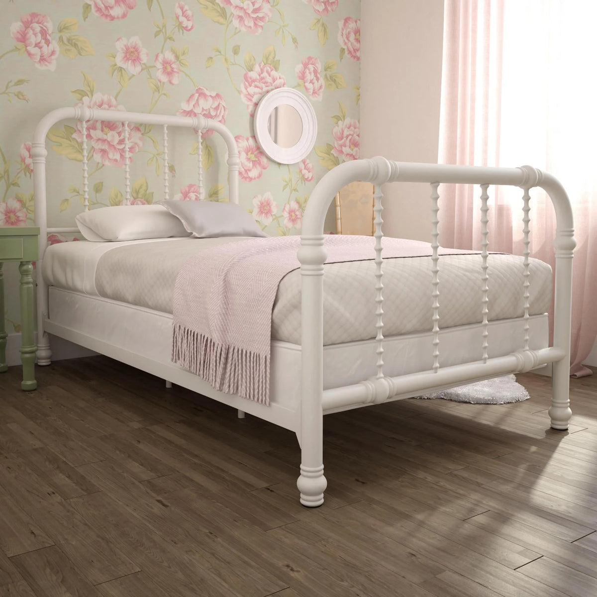 White Twin Metal Bed Frame with Headboard L85878