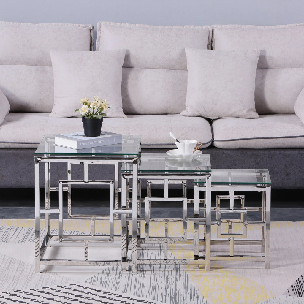 Set of 3 Metal Nesting Tables Glass End Tables R767