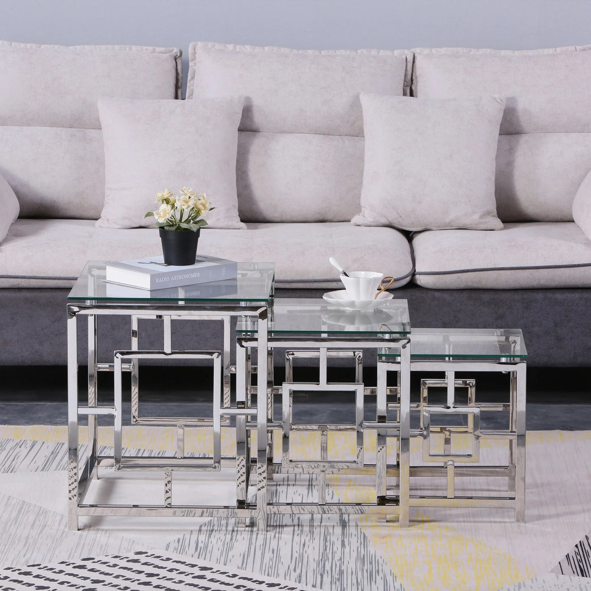 Set of 3 Metal Nesting Tables Glass End Tables R767